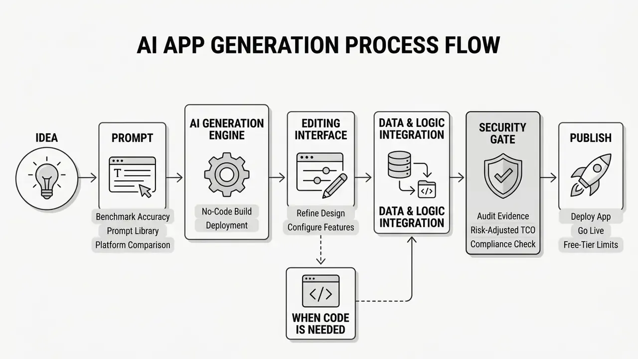 Linear sequence diagram showing stages from idea and prompt to AI generation, editing, integration, and publishing
