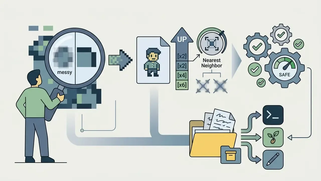 Person inspecting pixel art with a magnifying glass to clean assets, upscale, and document project files