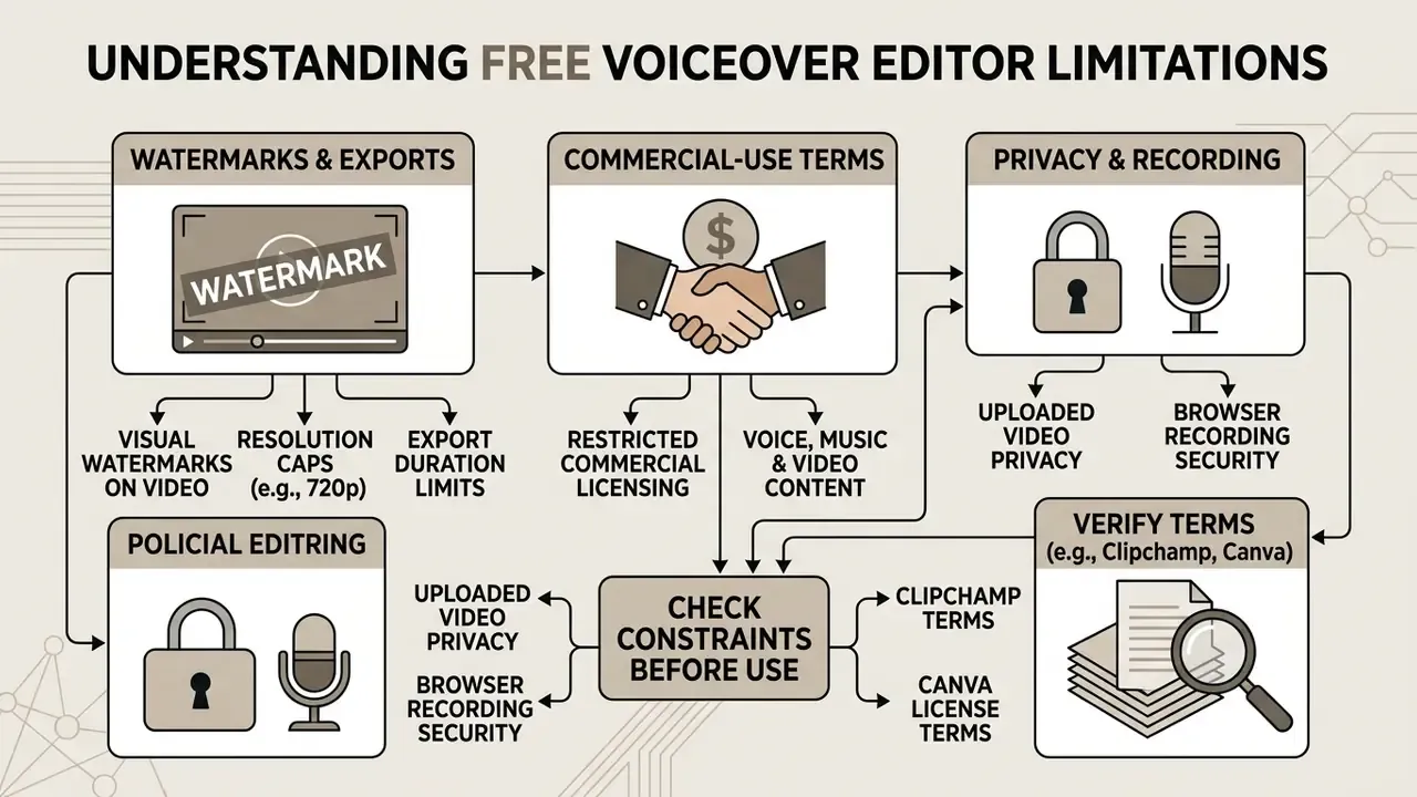 Flowchart outlining common restrictions in free tools to add voiceover to video online