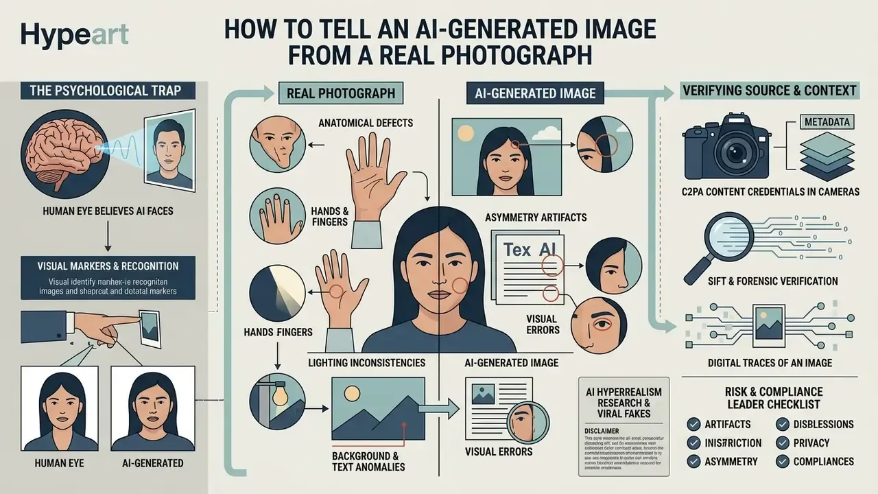 Visual guide comparing real photos with synthetic content by highlighting anatomical and lighting flaws