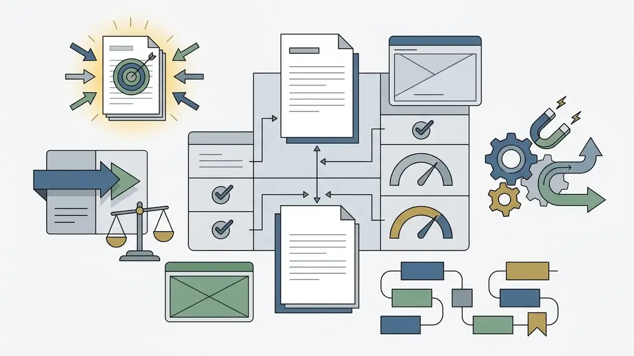 Document icons connected by arrows to gauges and gears representing a comparative analysis workflow