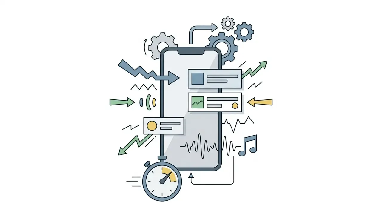 Smartphone surrounded by gears, audio waveforms, and notification boxes representing fast social media edits
