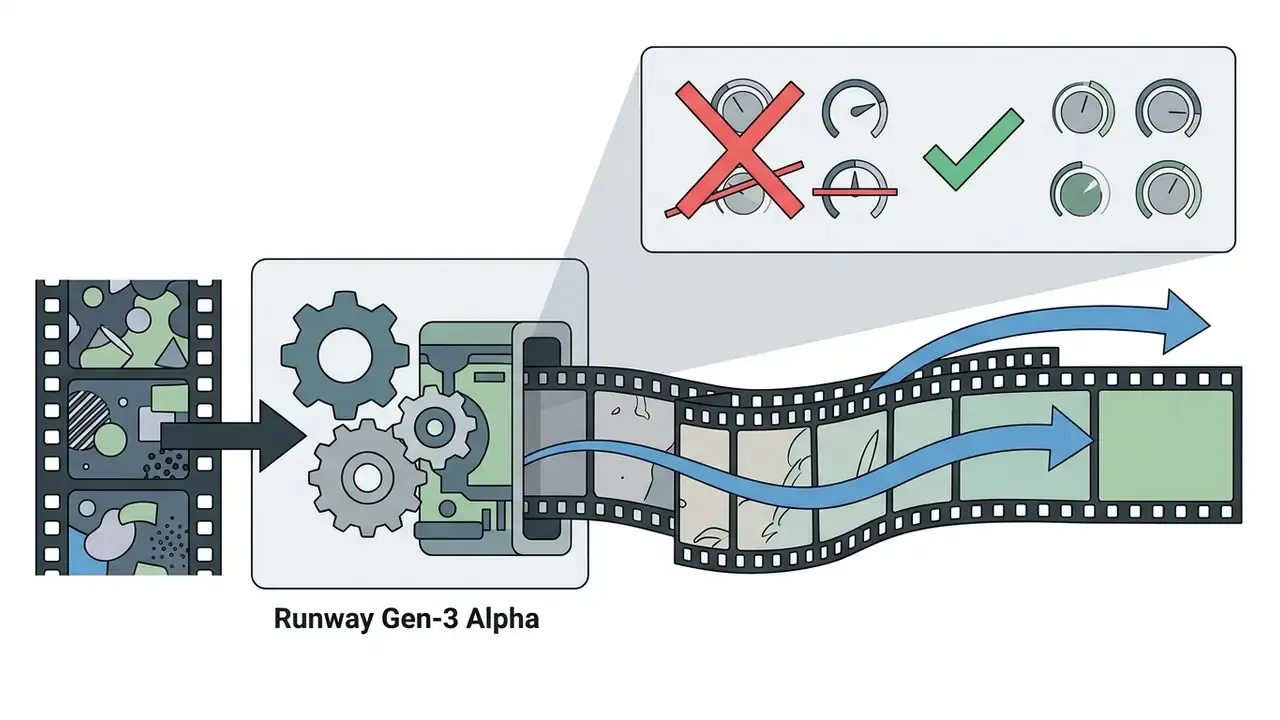 Runway Gen-3 Alpha engine processing film strips with gauges to filter out photorealistic elements