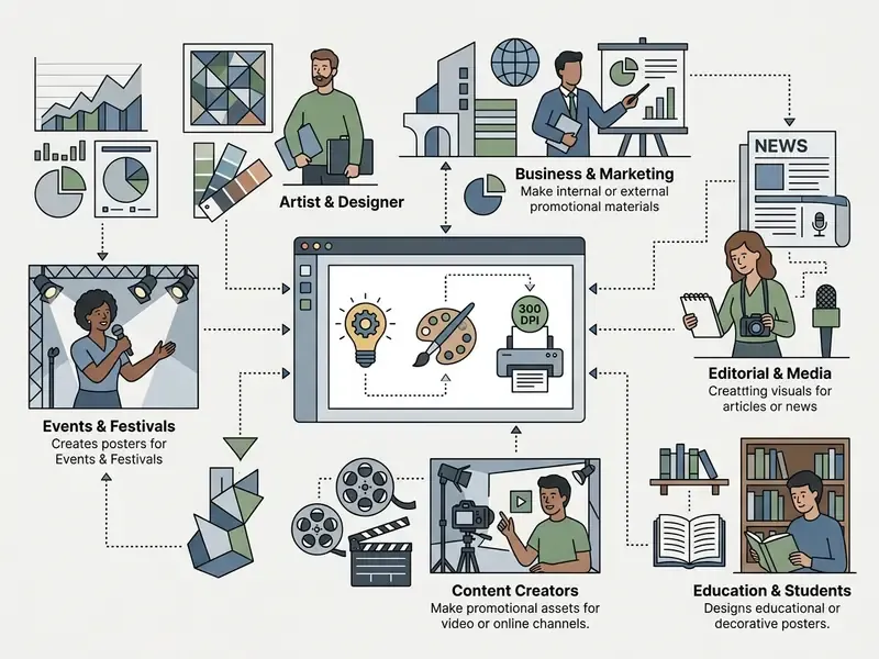 Central design interface connected to diverse professionals creating posters for specific industry needs