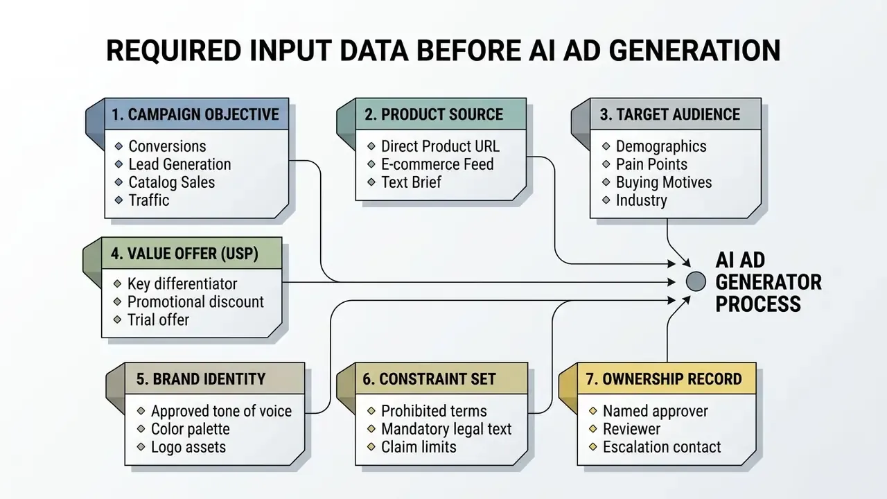 Diagram showing seven categories of input data required for an AI Facebook ad generator process