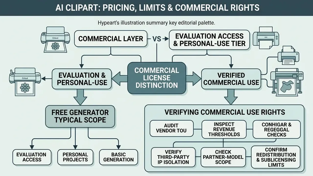 Flowchart comparing commercial license distinctions and steps for verifying usage rights for digital assets