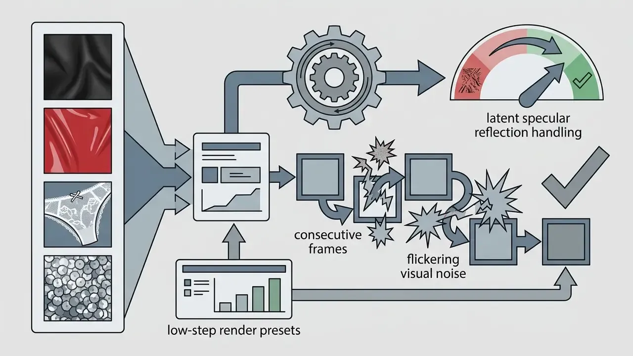 Material inputs feeding into a processing pipeline that shows how render settings impact visual noise