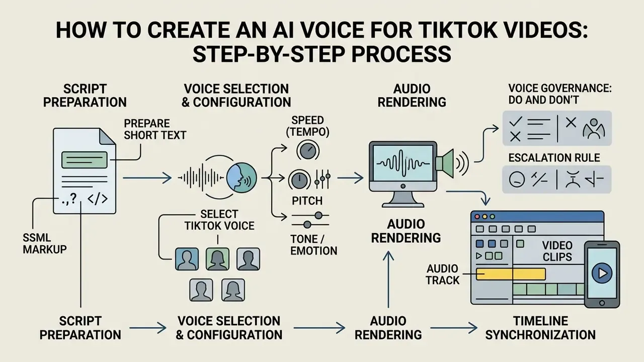 Steps for using a TikTok AI voice generator including script preparation, voice configuration, and editing