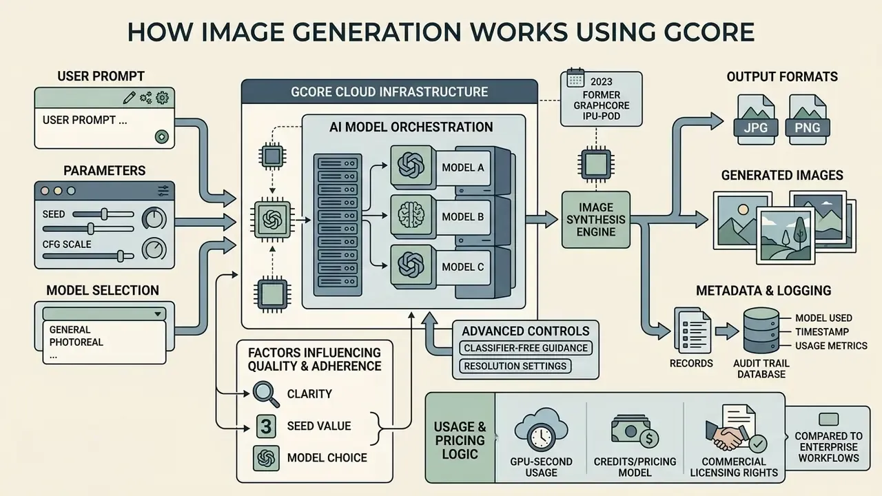 Technical diagram detailing the cloud infrastructure and model orchestration process for image synthesis