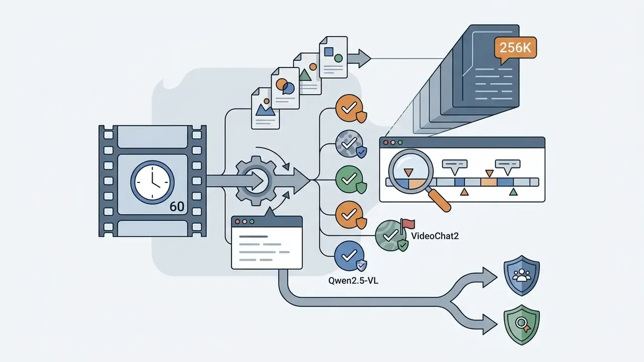 Diagram showing video processing into structured data with event localization and context windows