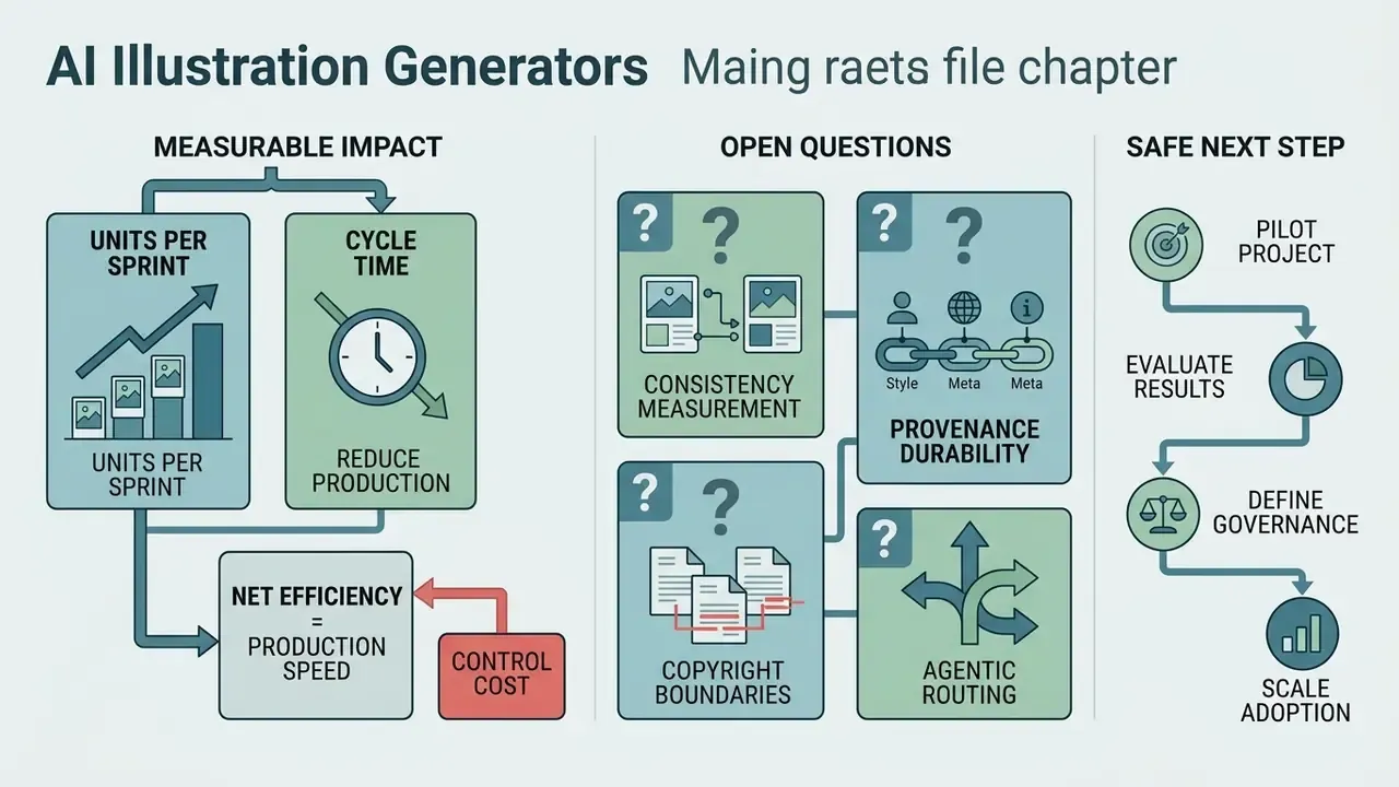 Three-part infographic outlining production metrics, unresolved challenges, and a staged implementation plan