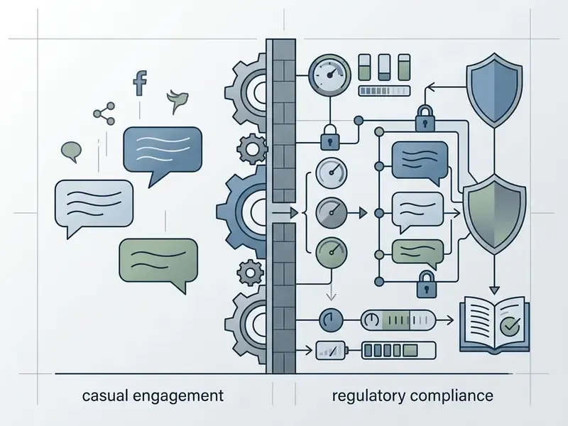 Gears connecting casual social media engagement to a regulated environment with gauges and shields