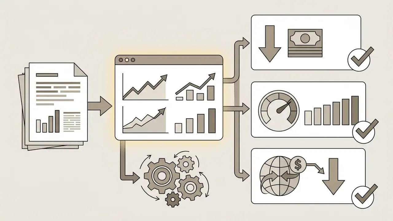 Documents feeding into a dashboard that processes data into icons for cost reduction and efficiency