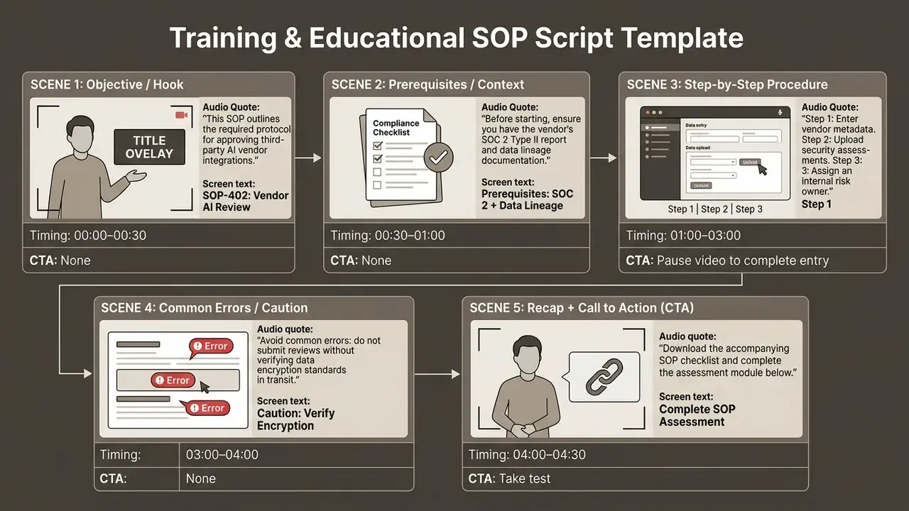 Five sequential panels detailing scene titles, timing, audio, and screen text for a training video