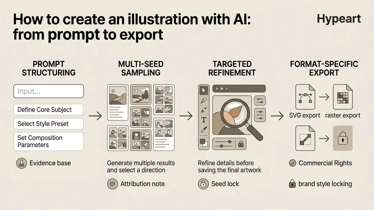 Linear workflow diagram showing stages from initial prompt structuring to final format-specific export