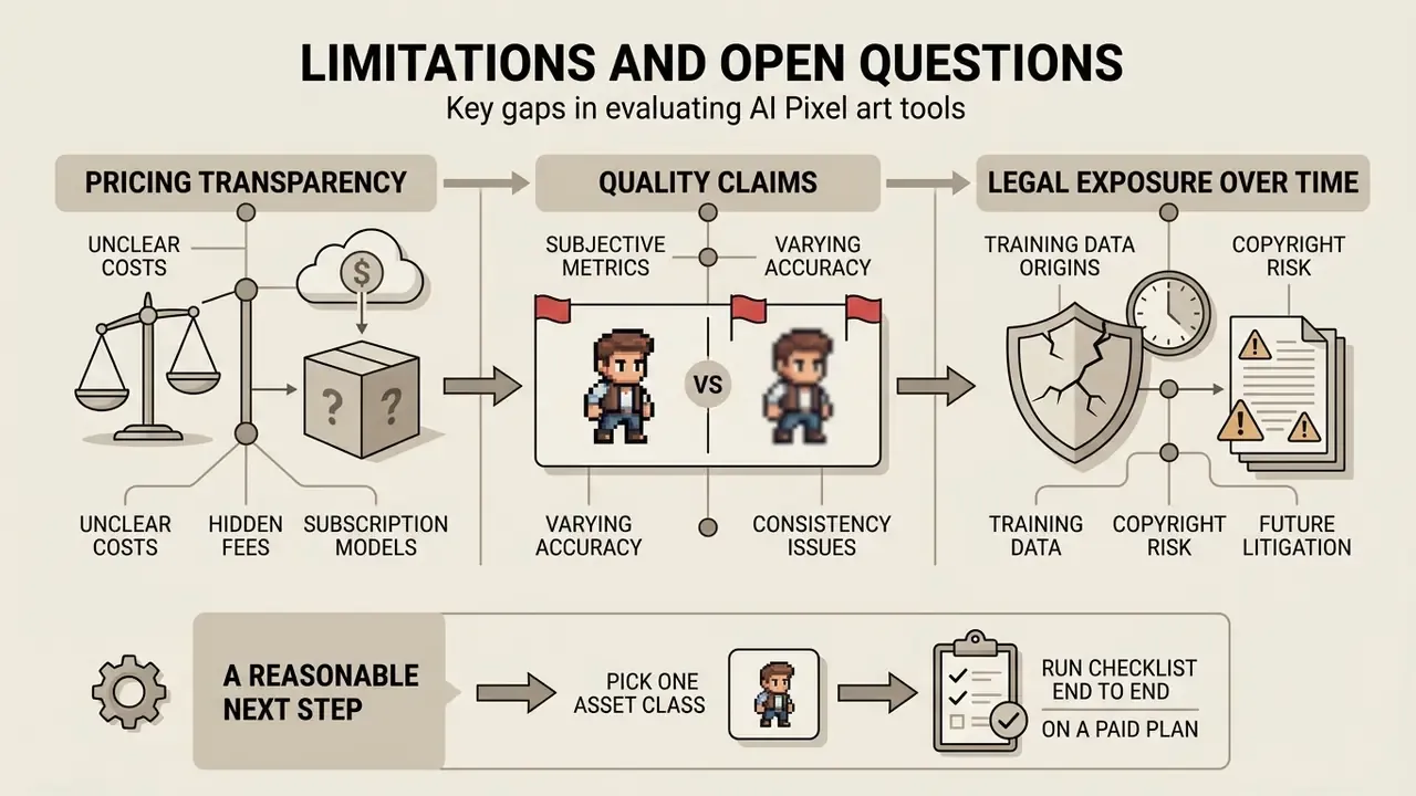 Flowchart outlining pricing transparency, quality claims, and legal exposure risks for digital art tools