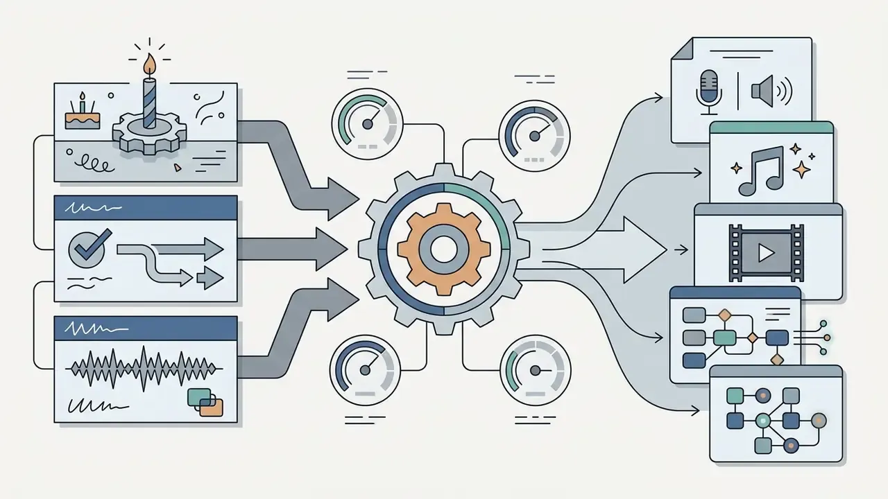 Central gear mechanism processing birthday song inputs into various audio and video output formats