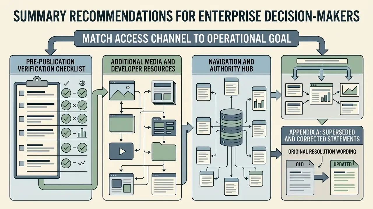 Flowchart connecting verification checklists, media resources, authority hubs, and document updates