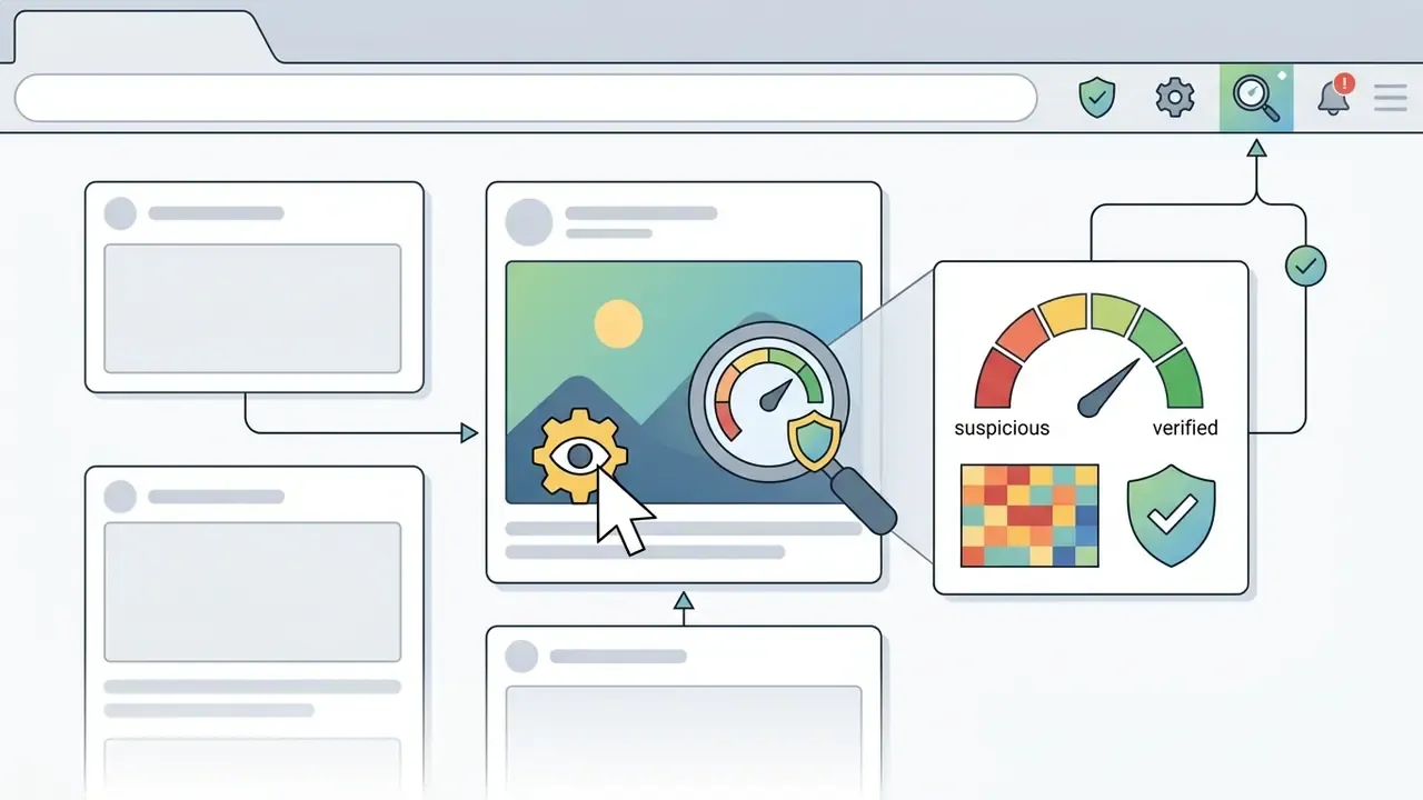 Browser interface showing a cursor clicking an eye icon on an image to reveal a gauge and status report