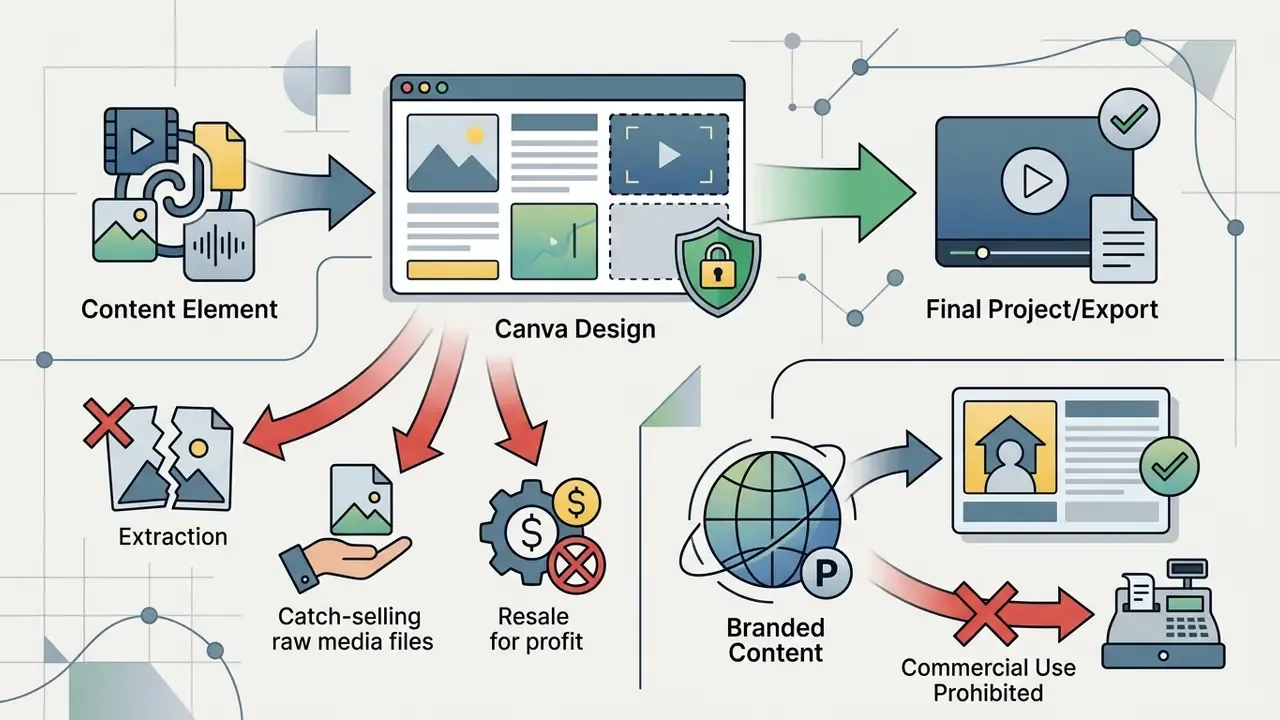 Flowchart showing content elements entering a design hub and branching into restricted usage categories
