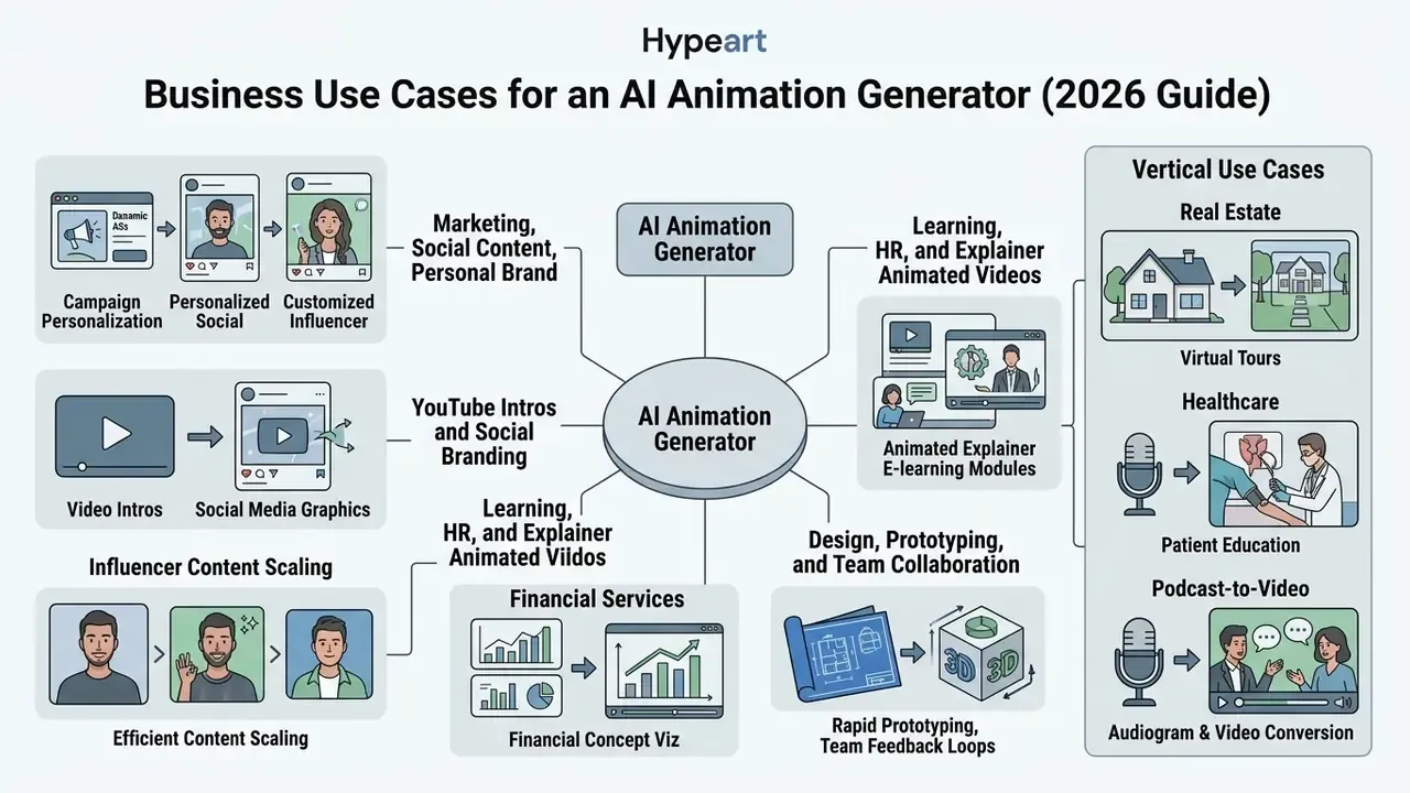 Central hub diagram connecting various industry applications like marketing and healthcare to automated tools