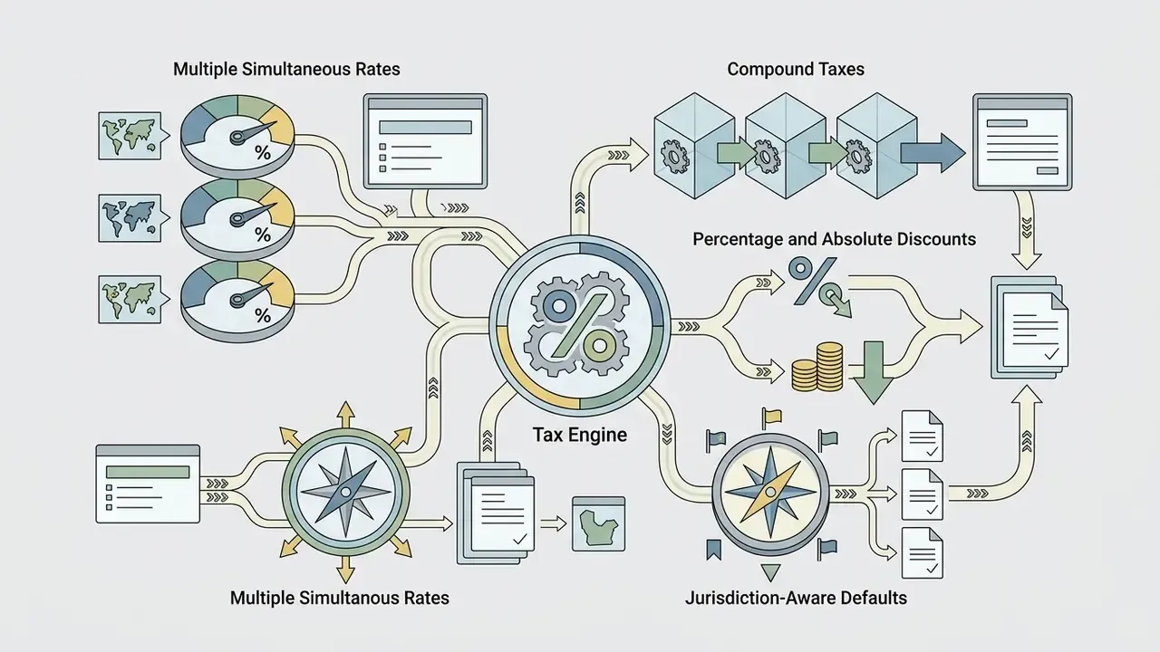 Diagram showing a tax engine processing rates, compound taxes, discounts, and jurisdiction-aware defaults