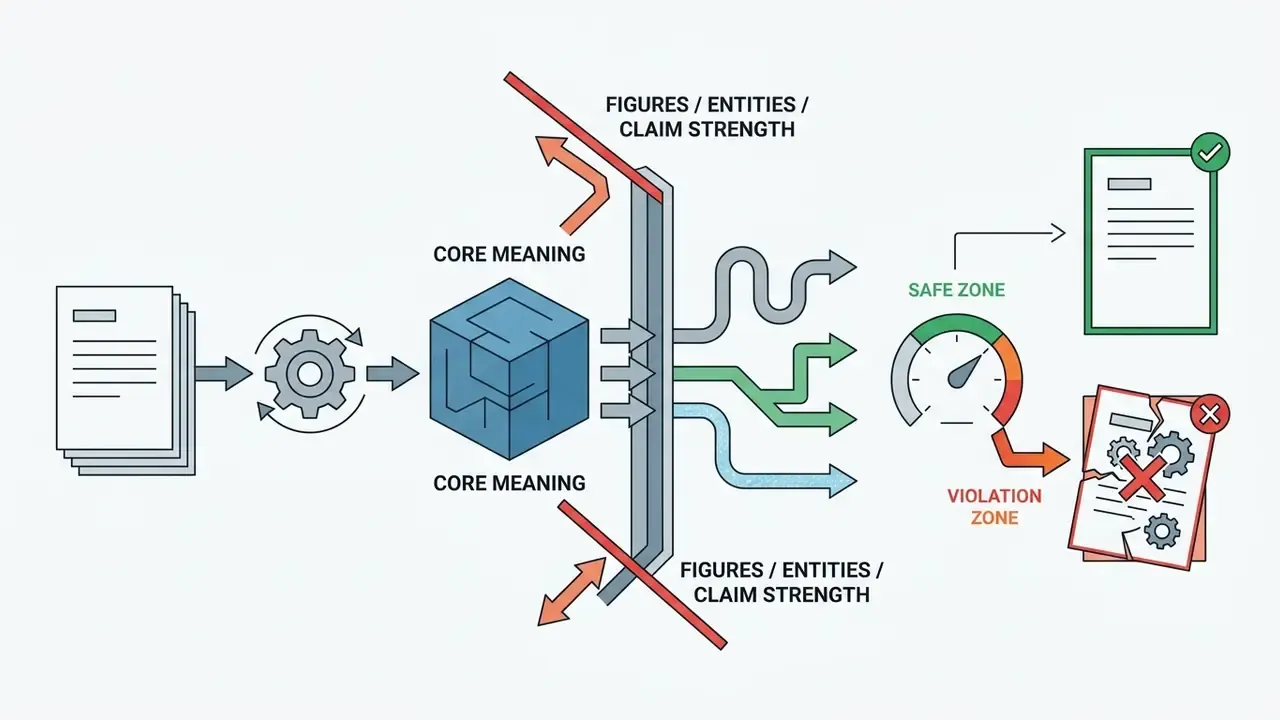 Data processing steps showing core meaning preservation versus prohibited modifications to content