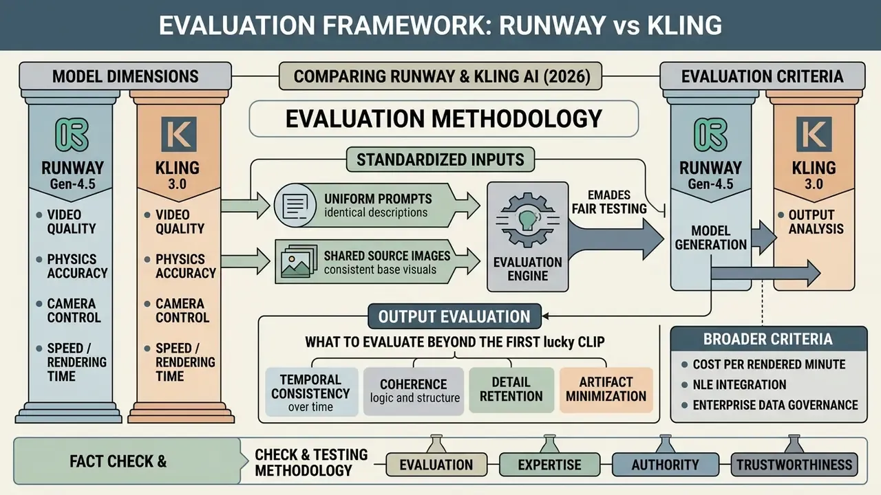 Flowchart detailing a methodology for testing Runway and Kling AI using standardized inputs and criteria