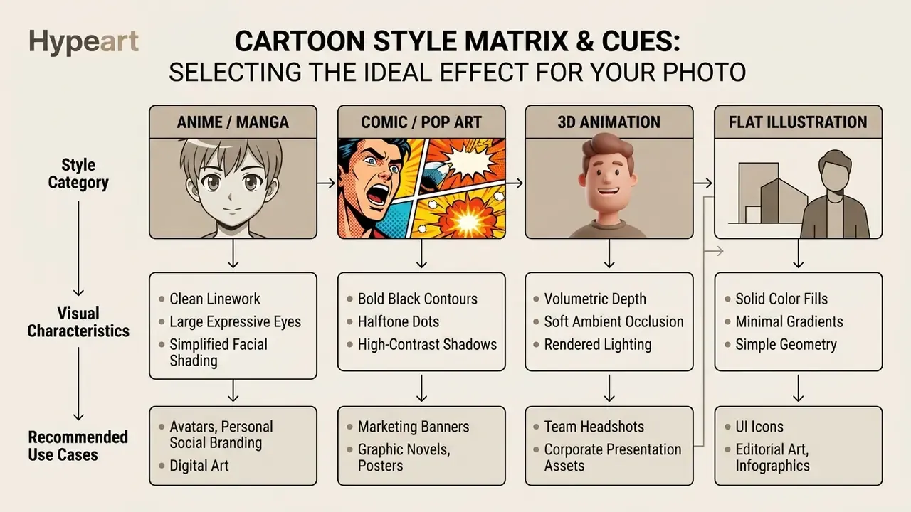 Comparison chart detailing visual characteristics and use cases for four distinct artistic cartoon styles