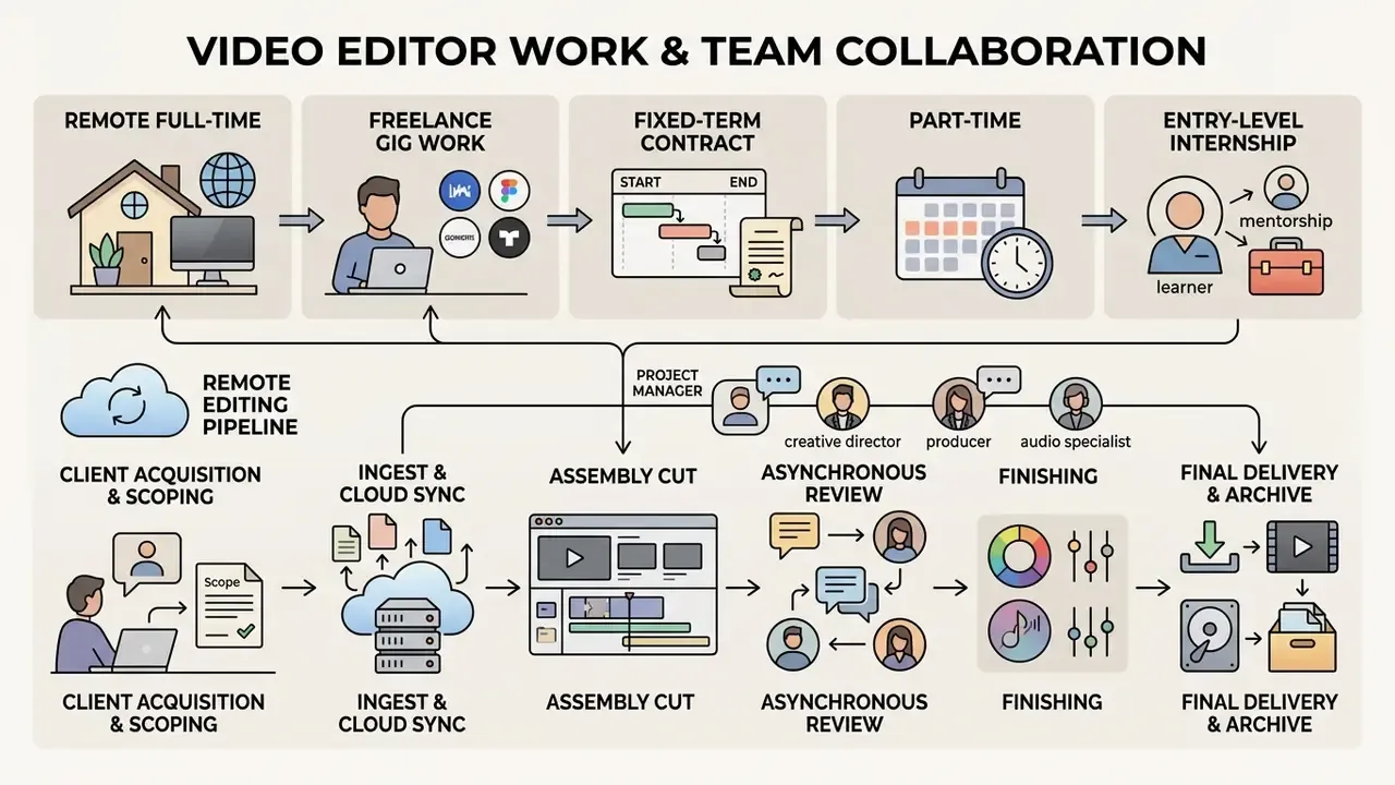 Diagram showing video editor job formats and the collaborative remote editing pipeline stages