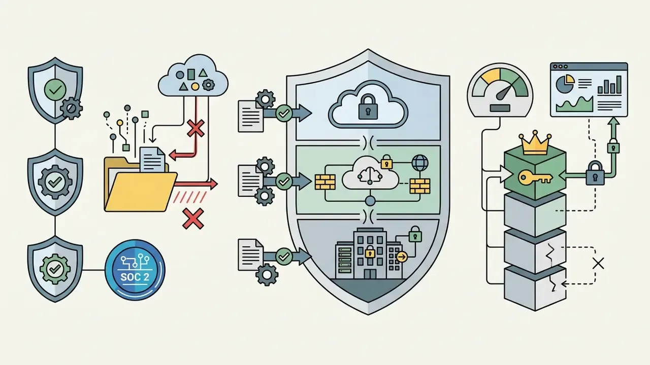 Shield icons and document flows connecting to cloud infrastructure and a tiered block architecture