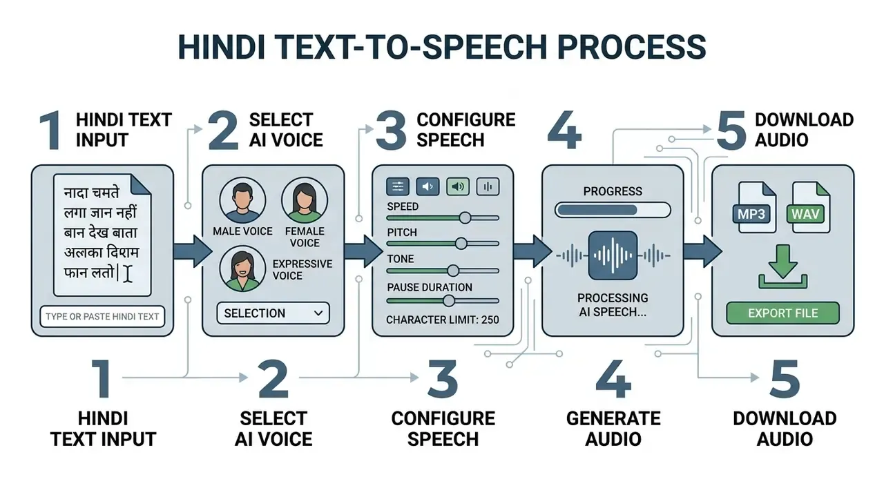Flowchart showing the ai voice generator hindi text to speech workflow from input to file download