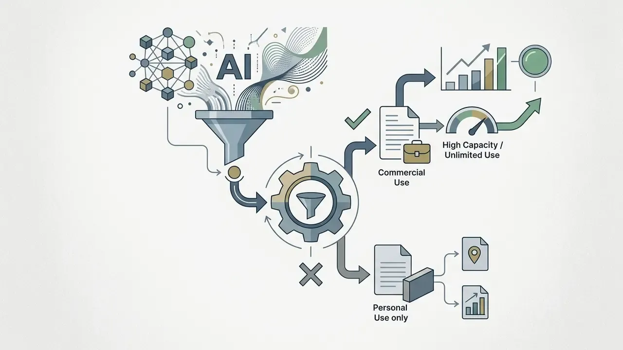 Funnel and gear mechanism sorting AI inputs into commercial or personal usage categories