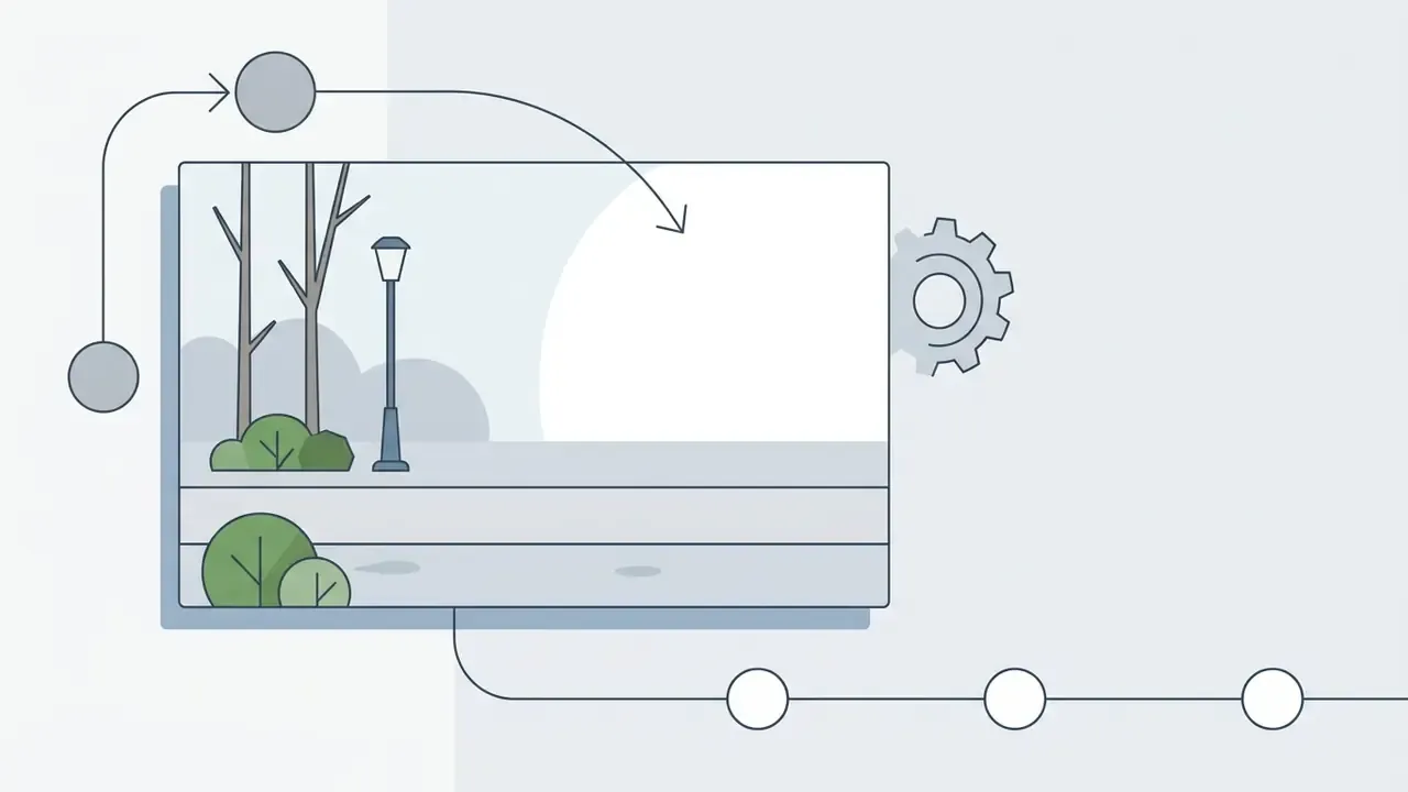 Empty park scene with a path and lamp post receiving an input element via a curved arrow
