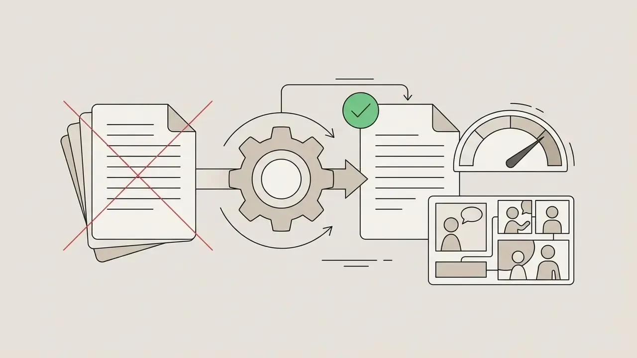 Documents with red crosses being processed by a gear into refined pages with a gauge and comic panels