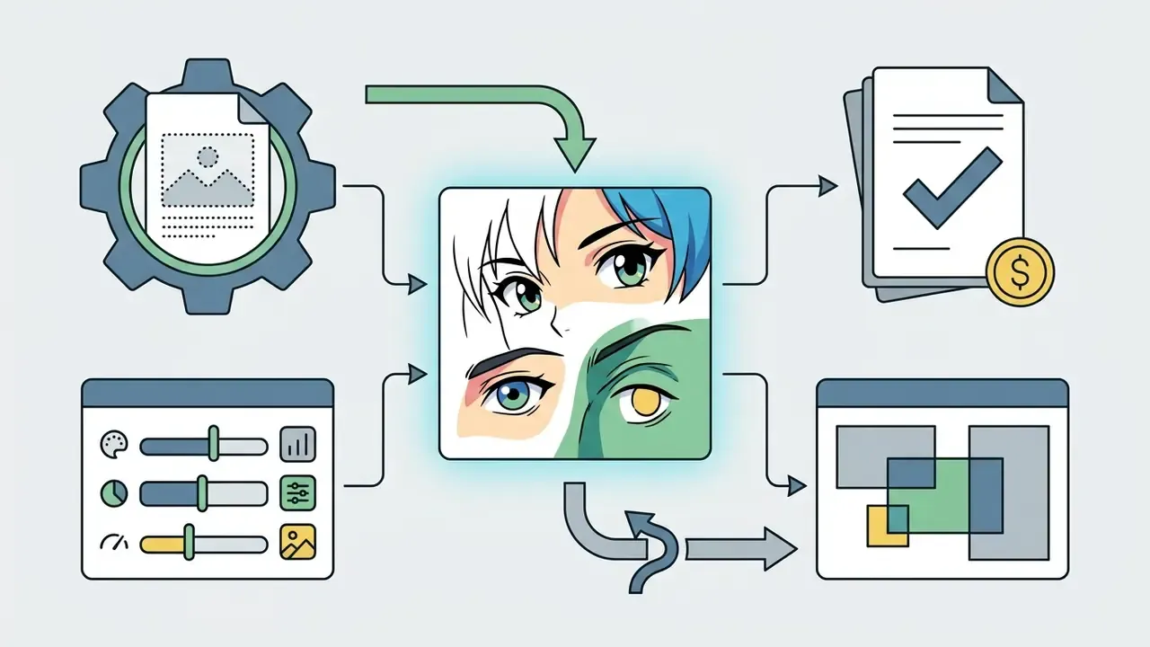 Diagram showing input icons and settings feeding into a central anime face leading to output files