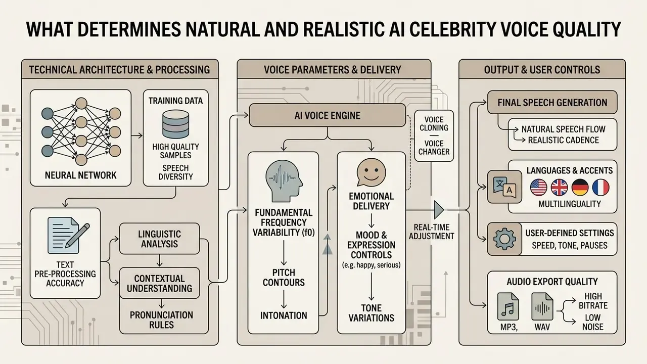Three-part diagram detailing technical architecture, voice parameters, and final output controls for speech synthesis