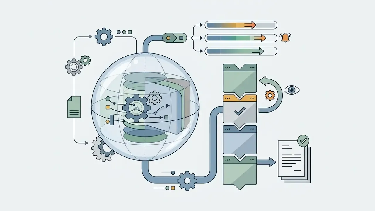 System globe processing data through gears and status bars into documented audit logs and verification