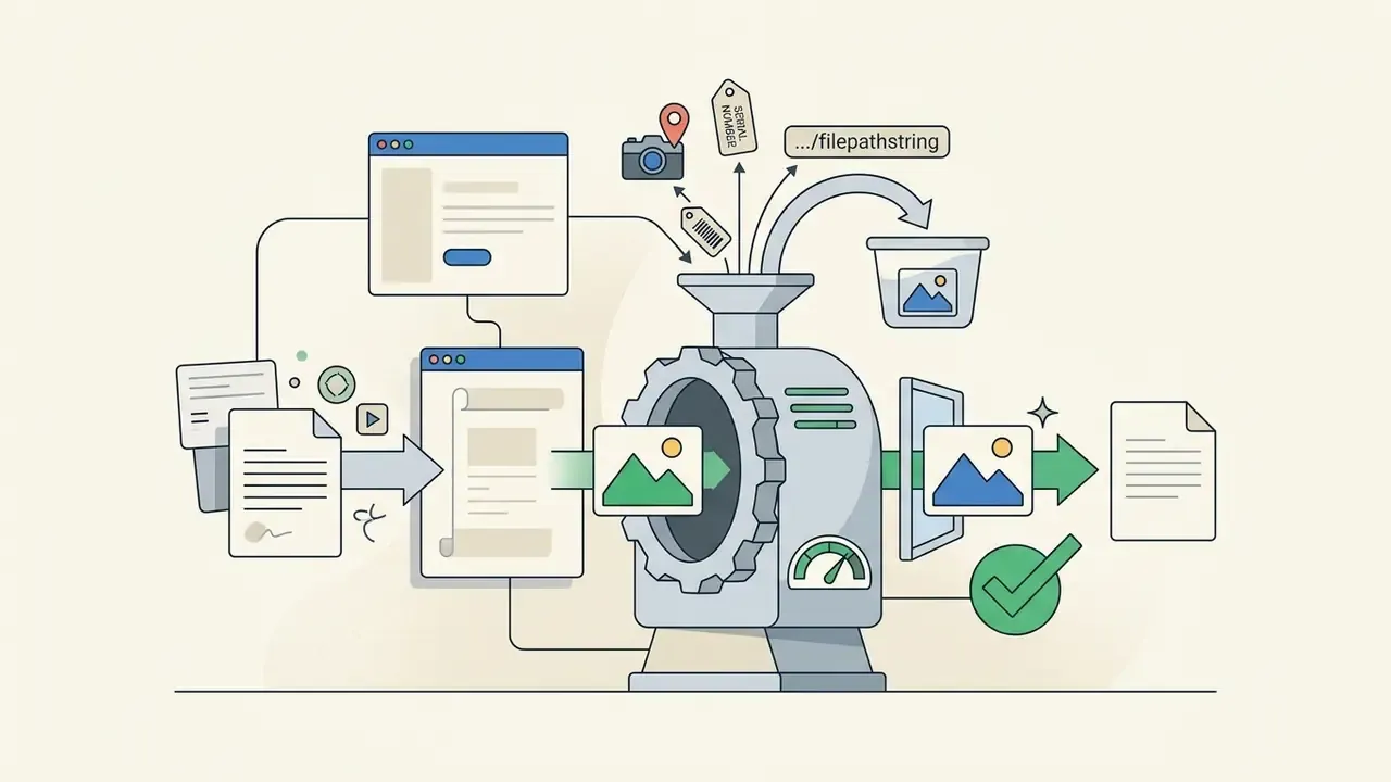 Mechanical grinder processing images to strip sensitive metadata like geolocation and file paths