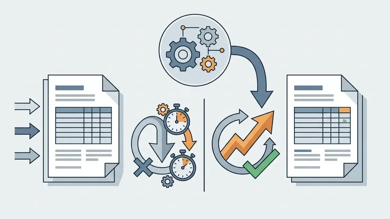 Data sheets feeding into a gear mechanism and stopwatch cycle that results in an upward trend and checkmark