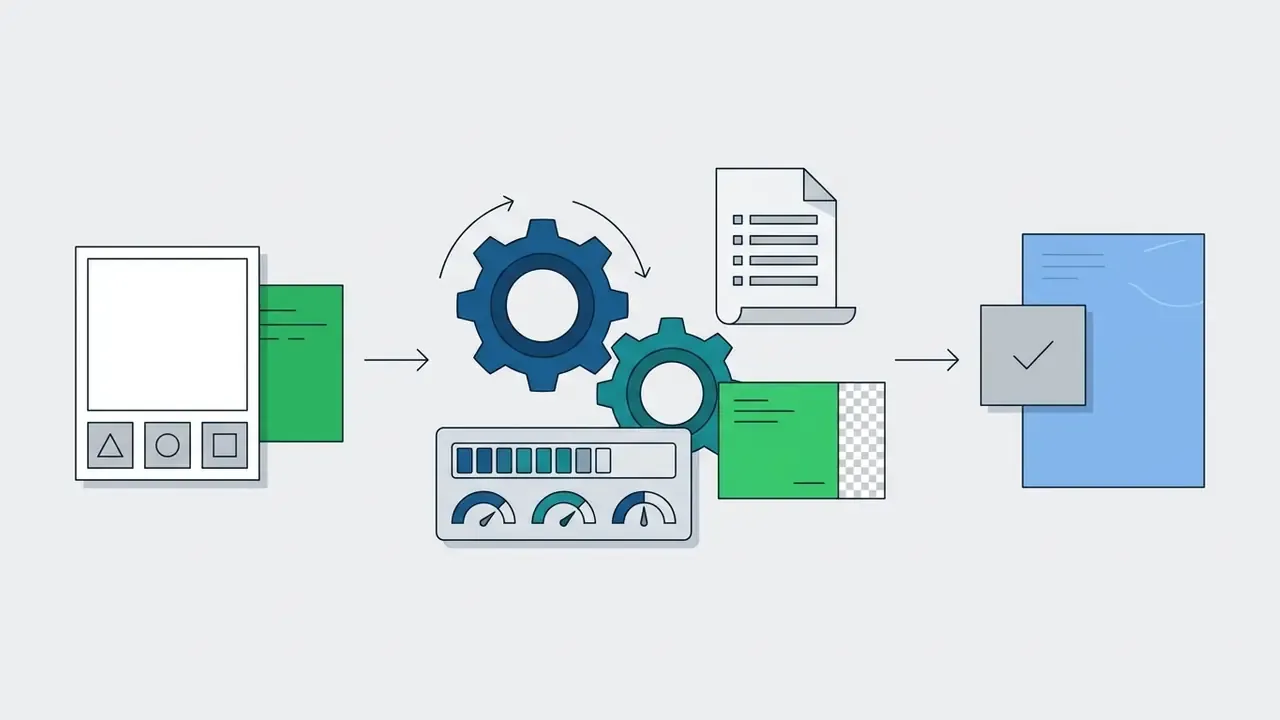 Processing pipeline showing document input, gear rotation, and output with transparent background