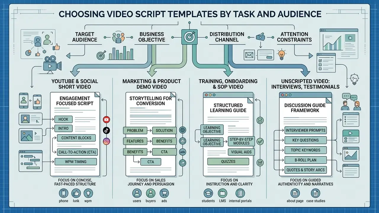 Diagram mapping four video script template types based on audience, objective, channel, and constraints