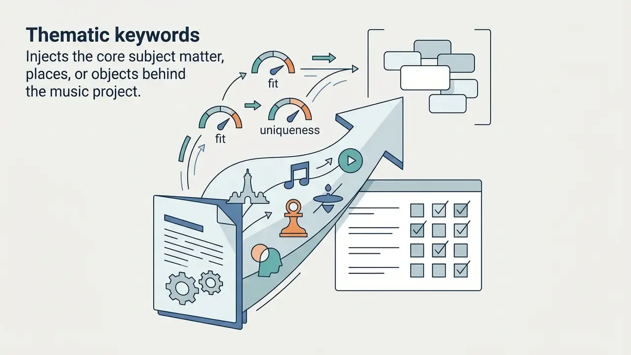 Visual representation of thematic keywords flowing into a processing arrow with gauges and a checklist