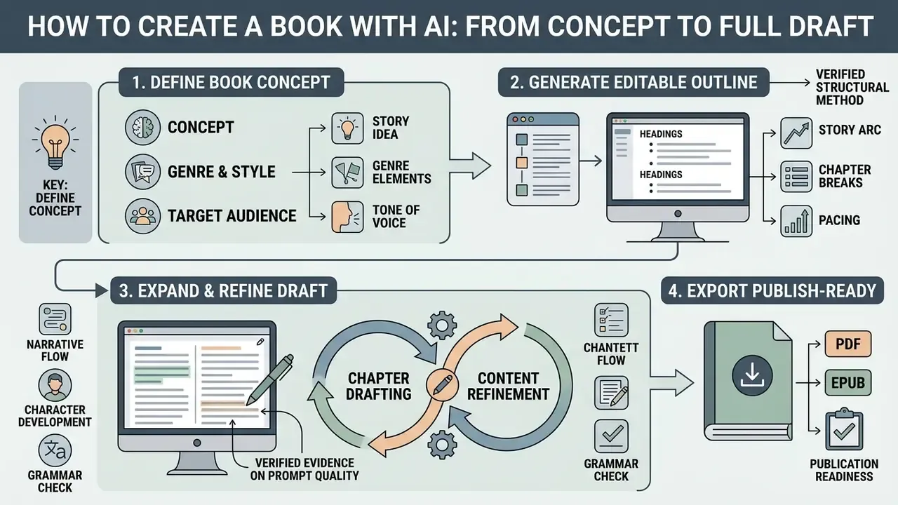 Flowchart outlining the four stages of writing a manuscript from initial concept to final file export