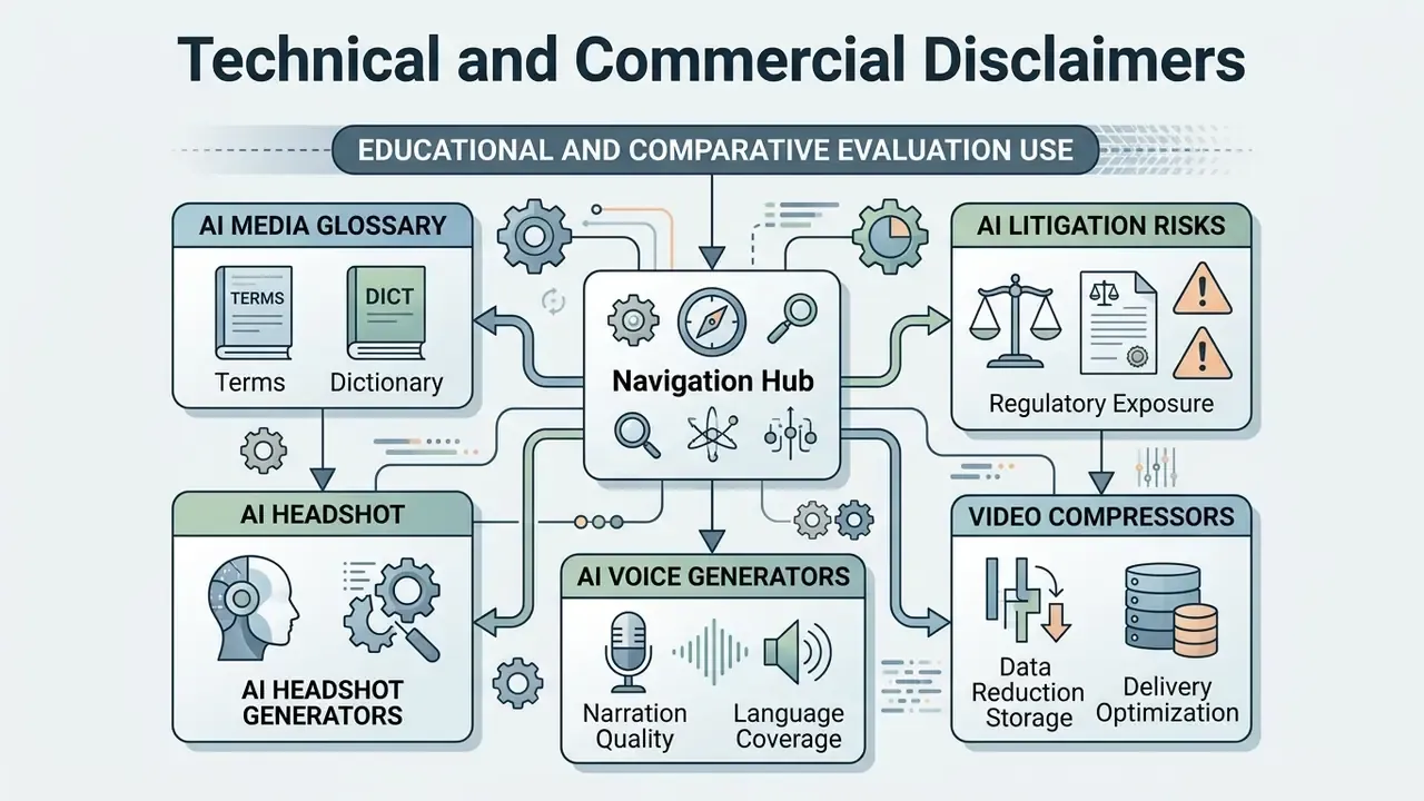 Central navigation hub connecting modules for AI media glossaries, litigation risks, headshots, and voice