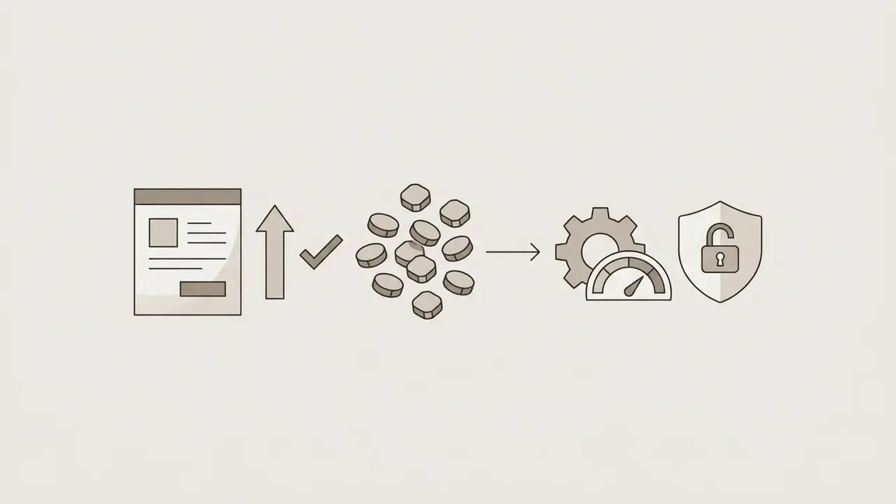 Registration form with a checkmark leading to a pile of coins feeding into a gear and an unlocked shield