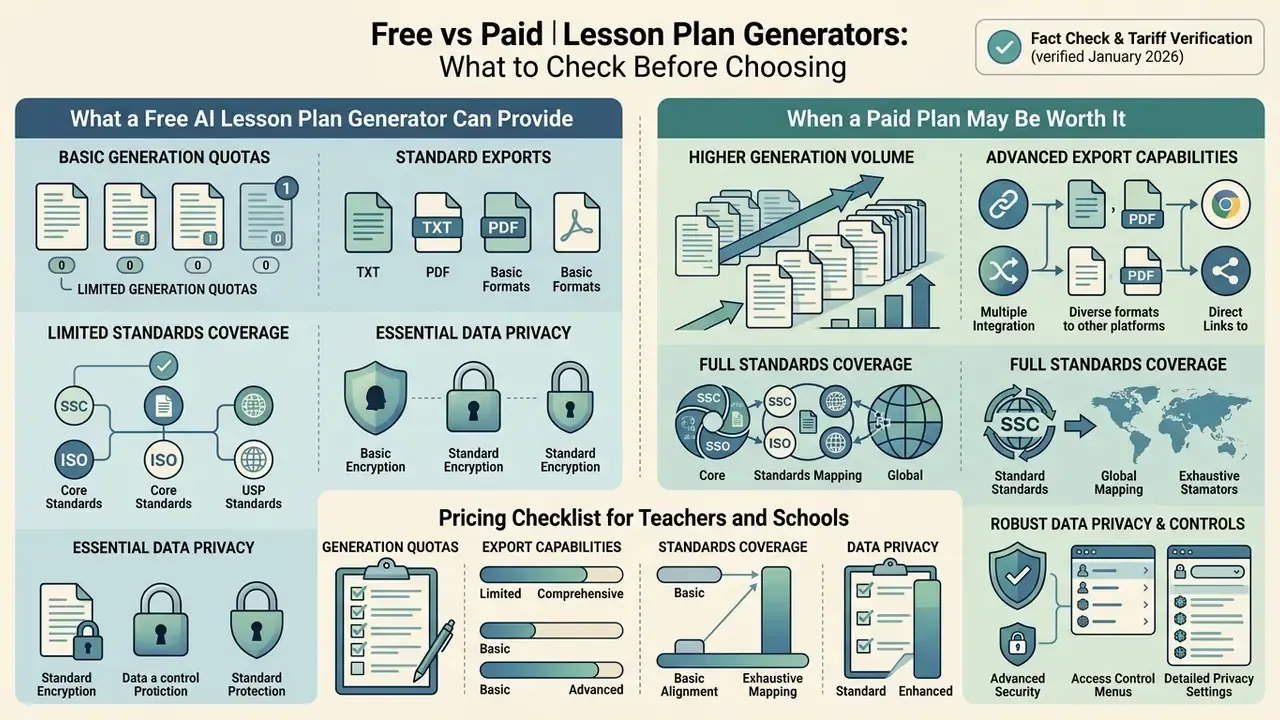 Comparison infographic detailing features of free versus paid educational content creation tools
