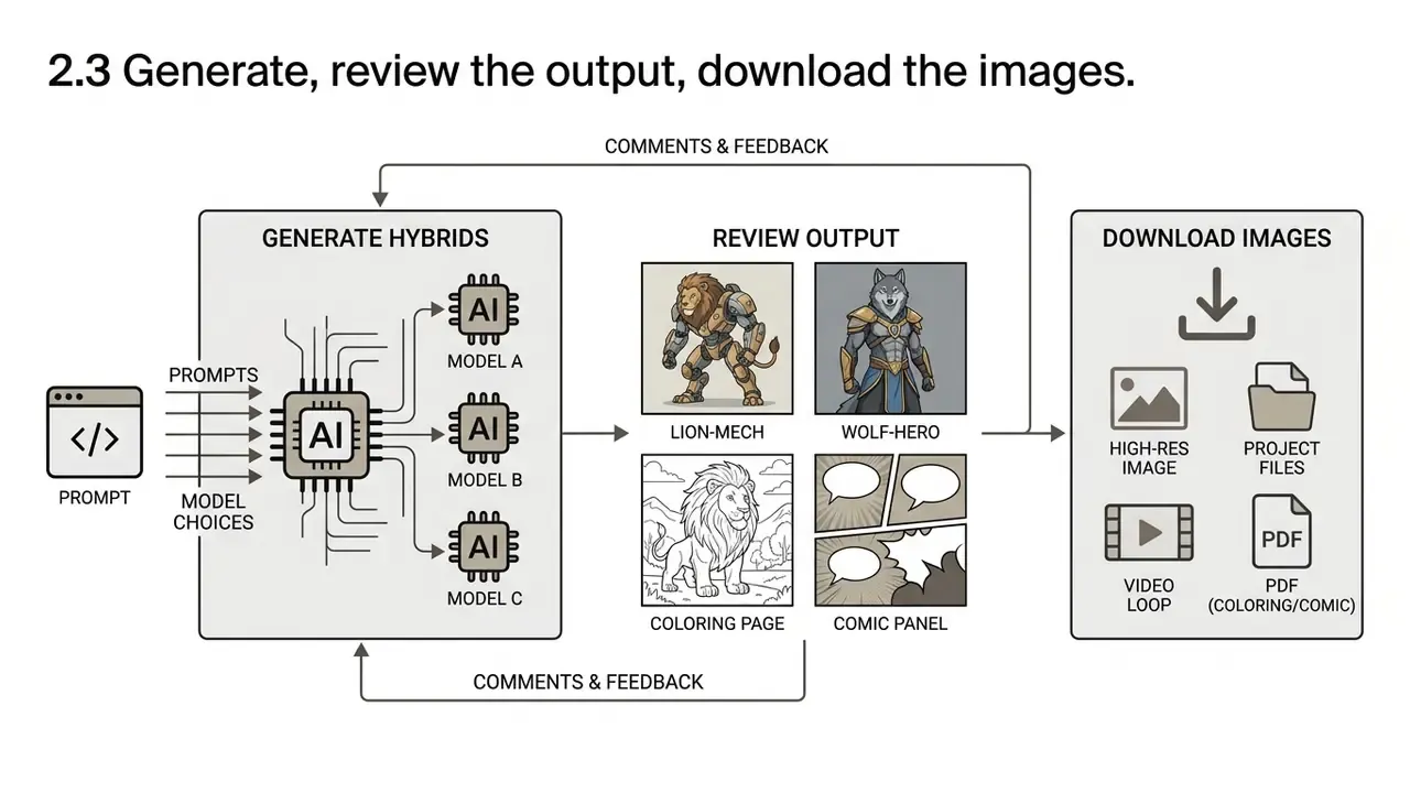 Process diagram showing AI model generation, output review, and final file download options