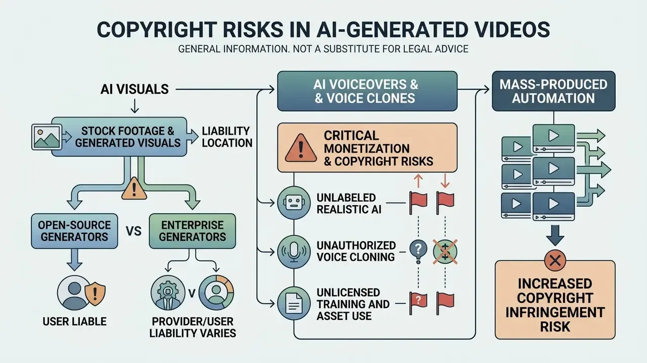 Flowchart mapping liability and copyright concerns for AI visuals, voice cloning, and automated video production