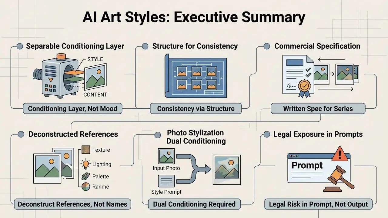 Six infographic panels outlining key principles for managing AI art styles in commercial workflows
